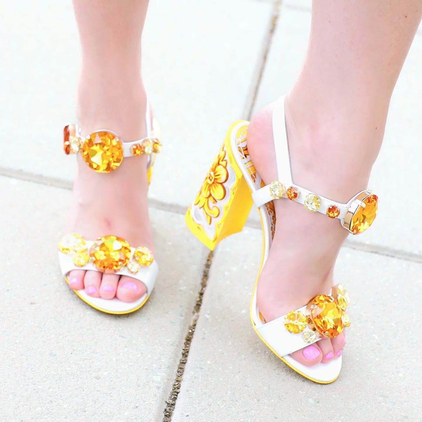 Open Toe Gemstones Sandals Yellow Flower Print Single Straps Ankle Buckle Block High Heels Summer Dress Party Daily Casual Shoes