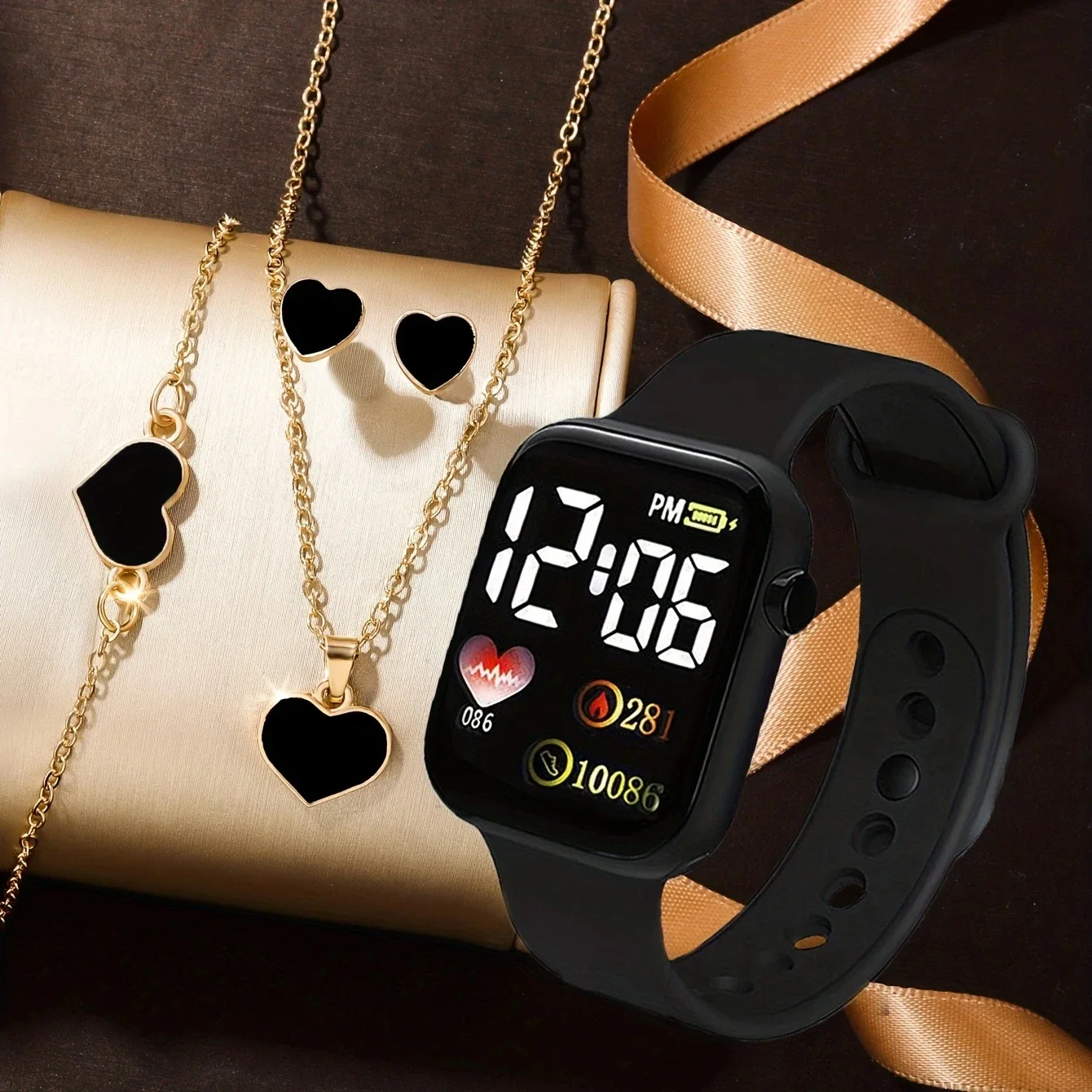 5pcs  Rectangular classic fashion Girls Women's digital watch with Love jewelry set analog watch gift