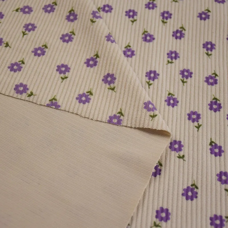 Corduroy Fabric for Girl\'s Garment Material, Beige Bottom with Purple Flower Print, Soft Thick Stripe, Autumn and Winter, T1941