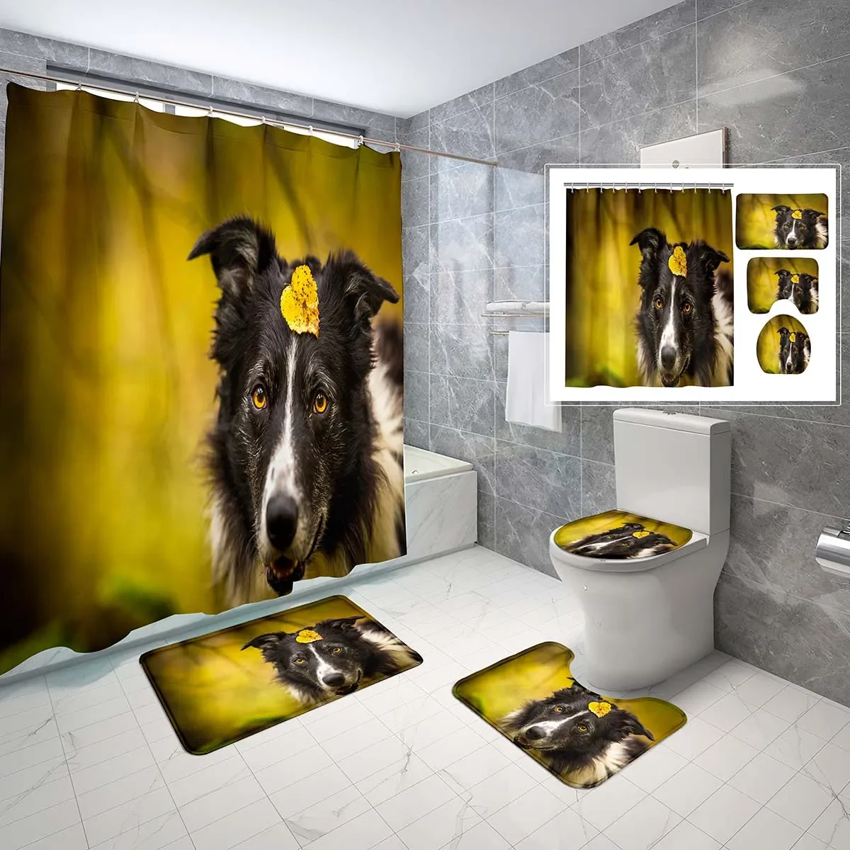 Cute Border Collie Shower Curtain Set Scenery Border Collie Photo 4 Pcs Shower Curtain Bathroom Non-Slip Bath Mat Toilet Cover