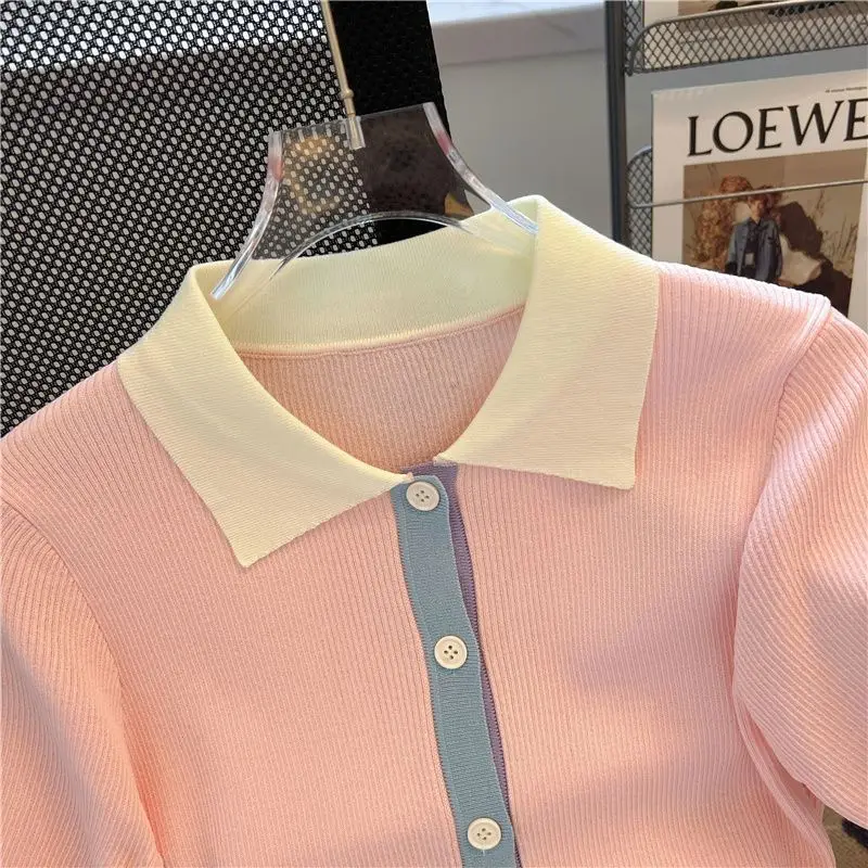 Women Clothing Fashion Patchwork Polo-Neck Short Sleeve T-shirt Summer Casual Loose Solid Knit Top Tee Kawaii Pullovers 40-100Kg