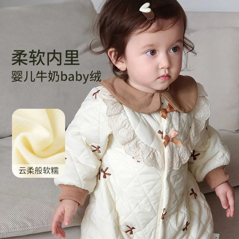 Somenie Autumn‑Winter Baby Girl Romper, Thin‑Cotton Princess‑Style Warm Onesie for 1‑Year‑Old Newborn Going‑Out Wear
