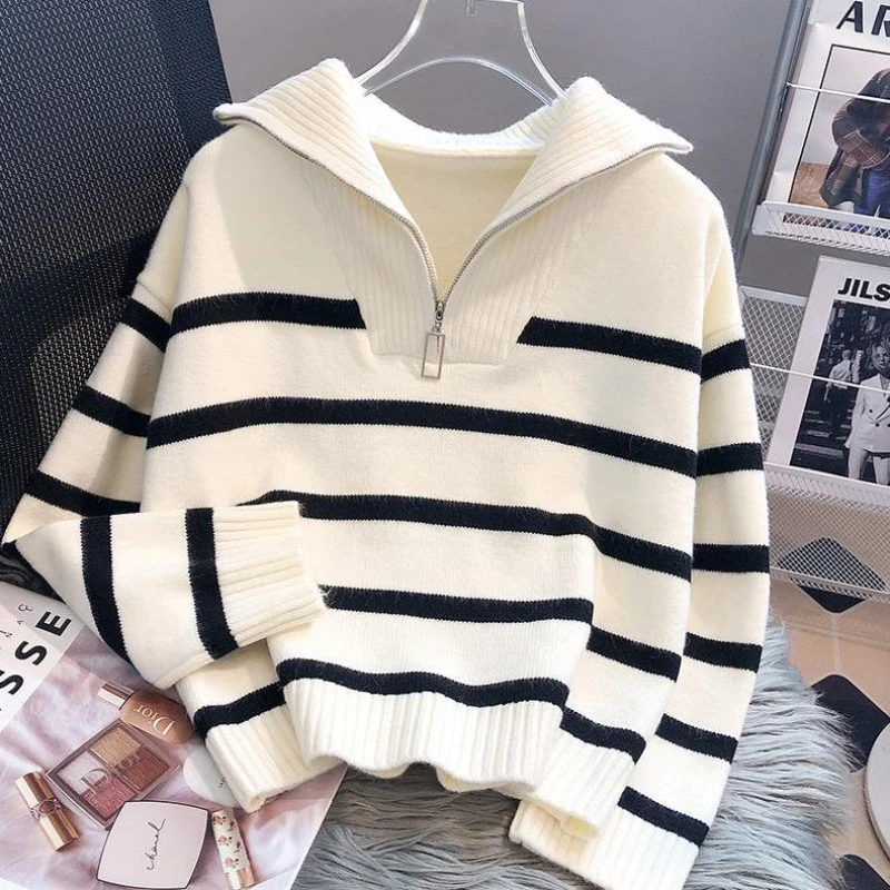 Striped Sweaters Women Zipper Turn-down Collar Thicker Keep Warm Cozy All-match Loose Casual Korean Style Winter Fashion 2024