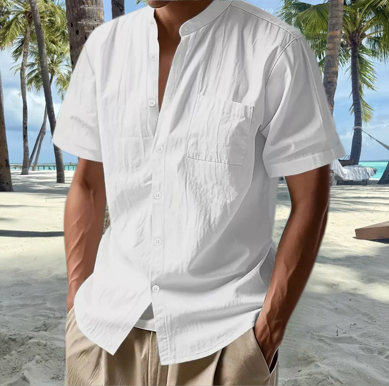 Men's linen shirt, summer beach wear, button design, solid color, short-sleeved linen-cotton blend shirt, men's vacation wear, f