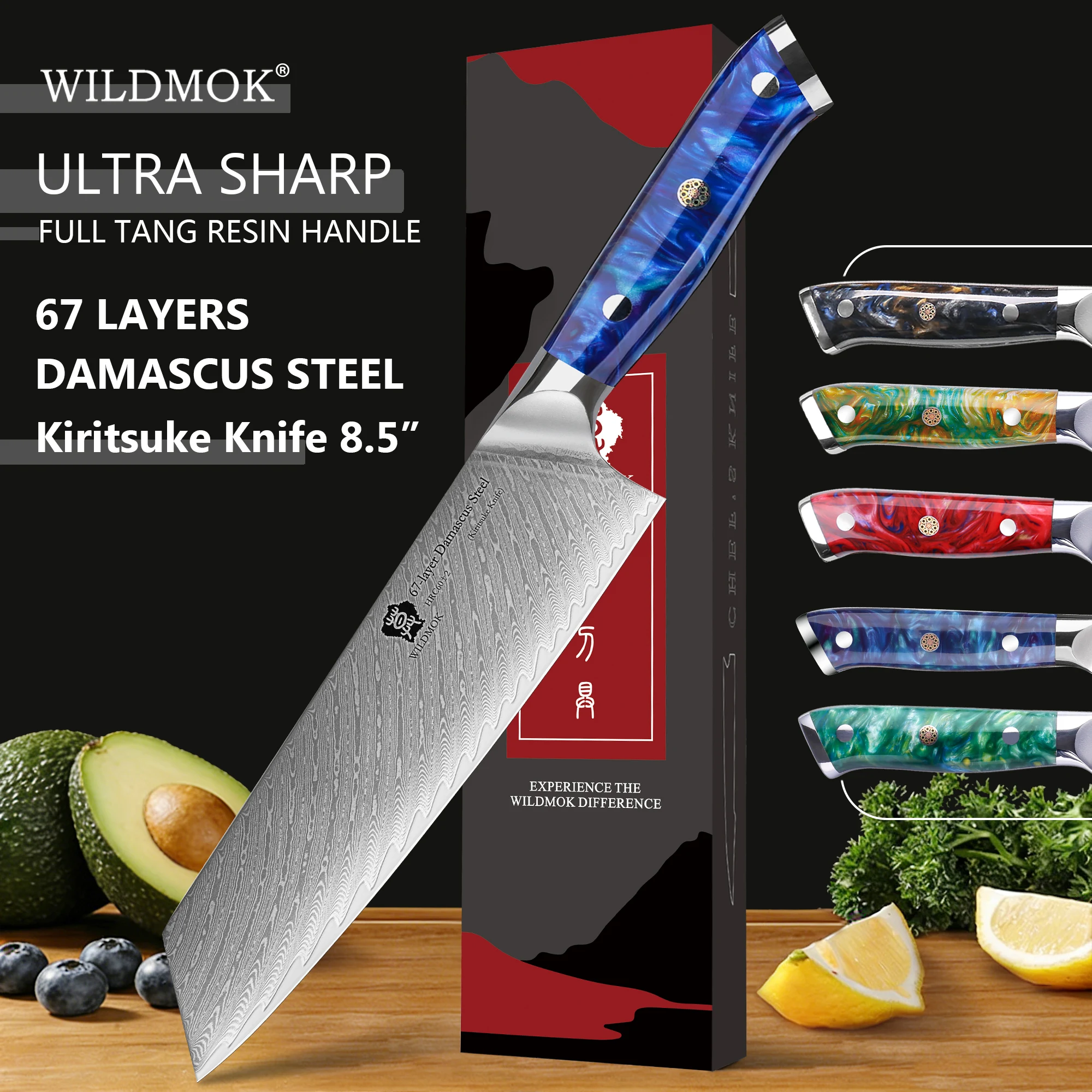 WILDMOK 8.5 Inch Kiritsuke Knife, Japanese Damascus Steel Chef Knife with Resin Handle for Premium Kitchen Cooking