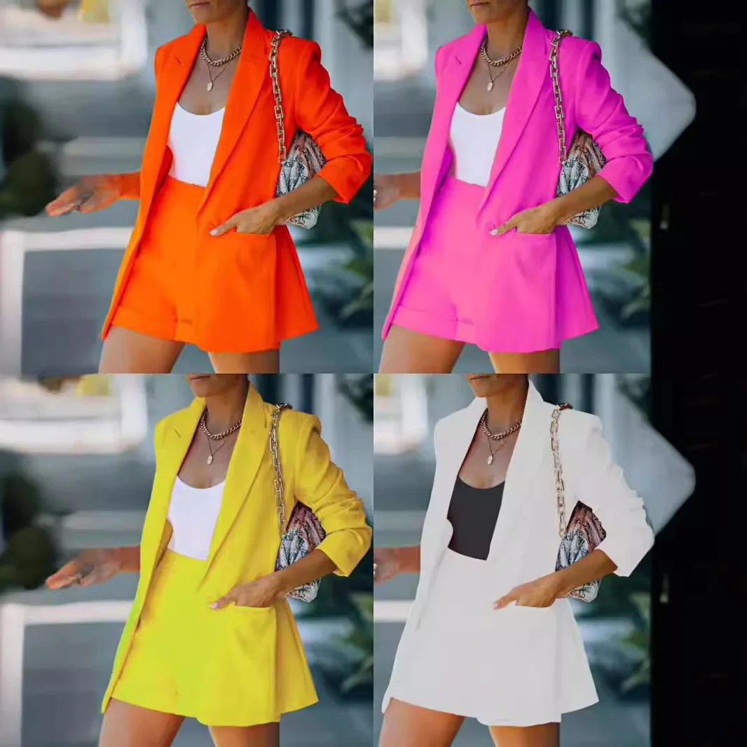 

Sexy Elegant Women's Casual Suit Set with Shirt Shorts Fashionable Open Cardigan Collar Trendy Commute Style Polyester Fiber