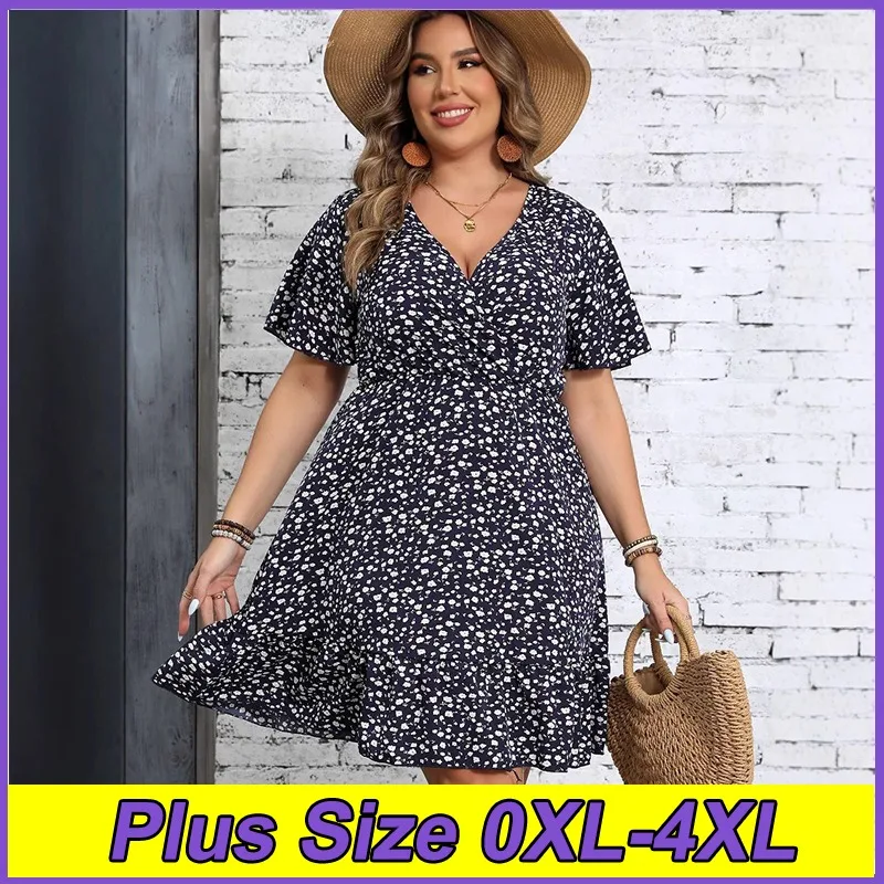 

Women's Plus Size Dresses For Summer Black V-Neck Printed Frock 0XL-4XL Lightweight and Breathable Clothing Beach Vacation Dress