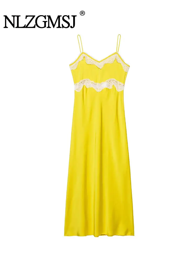 NLZGMSJ Sexy Chic Lace Splicing Women Dress Solid Cami Sleeveless Long Straight Vestidos Fashion 2025 Elegant Dress