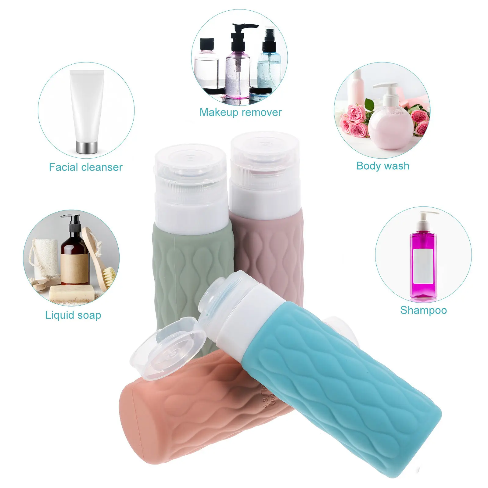 

4Pcs 100Ml Refillable Travel Silicone Bottles Leakproof Toiletry Containers for Shampoo Lotion Storage Bag Included
