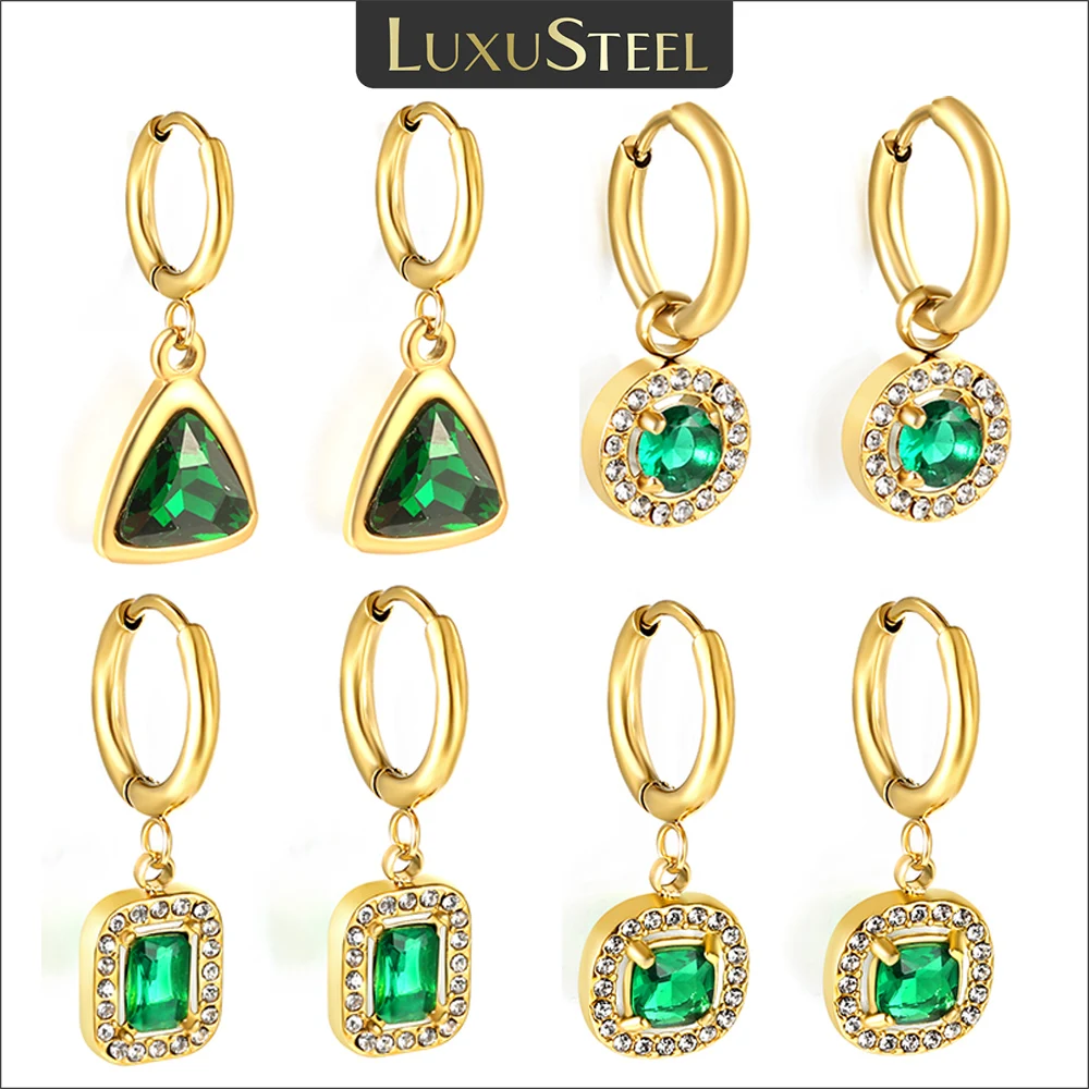 LUXUSTEEL Vintage Green Rhinestone Crystal Hoop Earrings For Women Girls Geometric Triangle Round Earrings Bridal Wedding Party