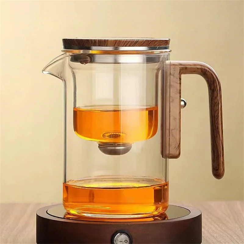 Wood Handle Tea Water Separation Inner Container Teapots Home One Click Magnetic Switch Tea Separation Filtration Glass Tea Pot