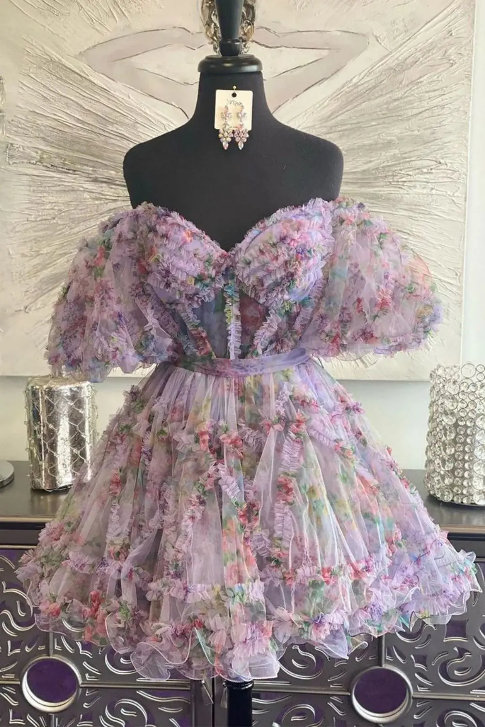 Printed Ruffled Short Lantern Sleeves And Transparent Corset Homecoming Dress With Multiple Colors To Choose From Made To Measur