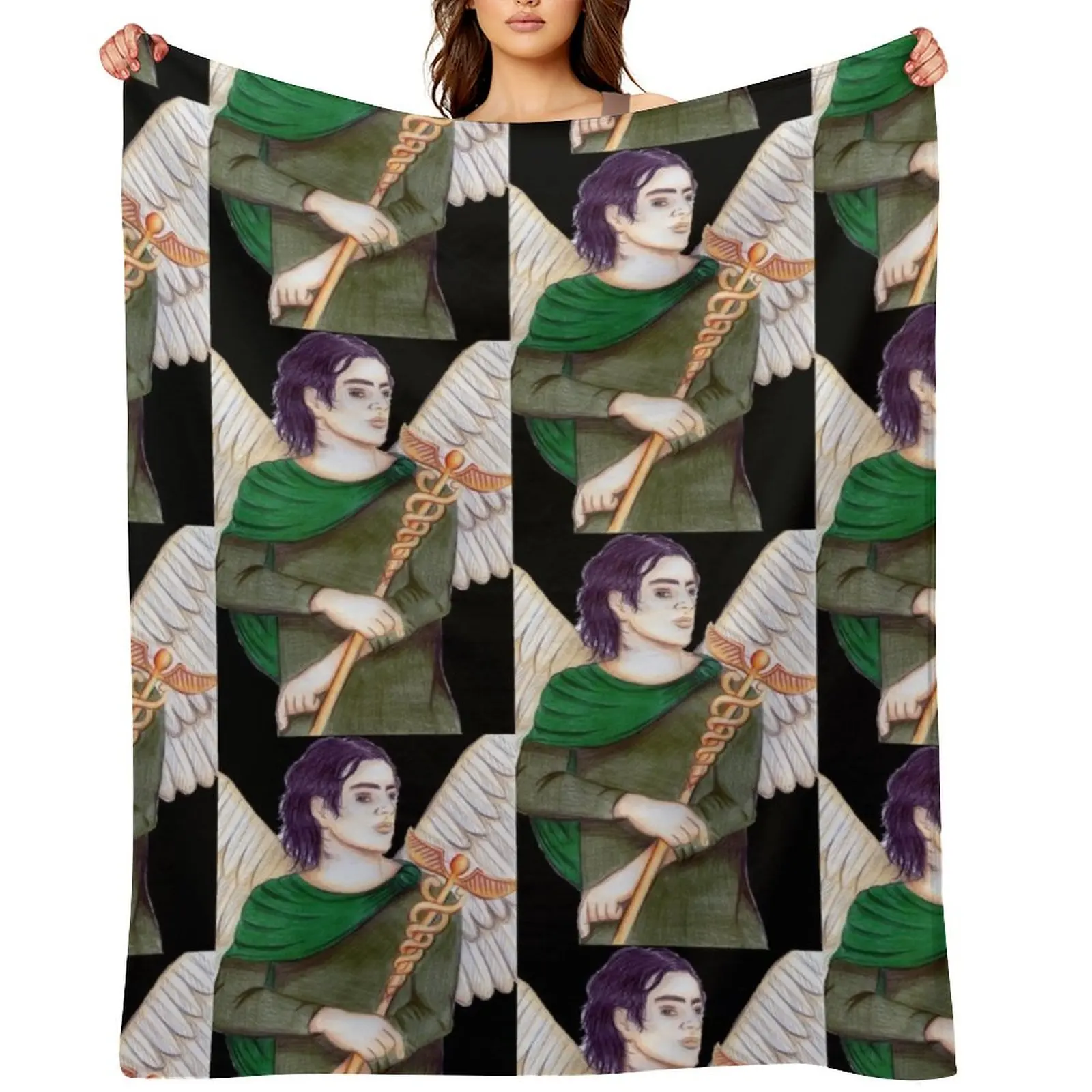 

Archangel Raphael the Healer- Black Throw Blanket Furrys Decorative Sofas Personalized Gift Sofa Blankets