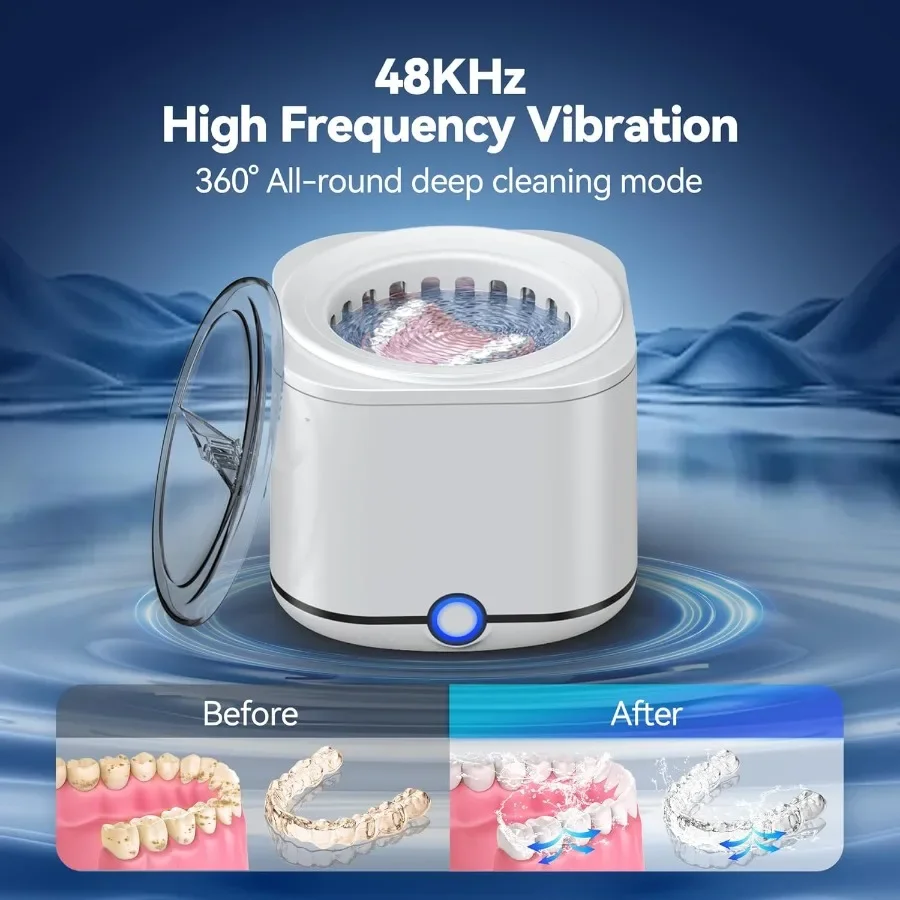 超音波リテーナークリーナー 48kHz、7.8オンスのデンタルクリーニングポッド付き、義歯、マウスガードの効率的で徹底的な洗浄に
