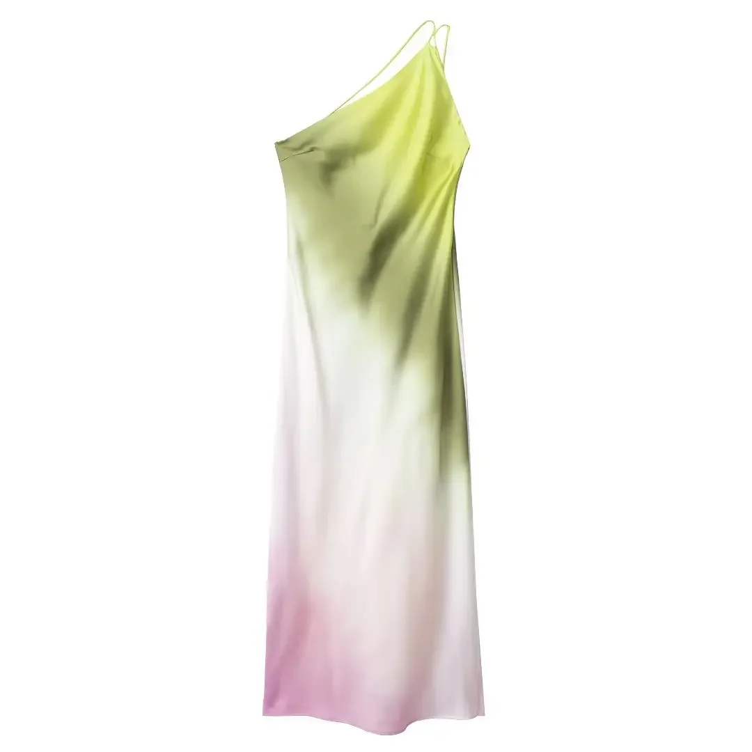 

New Tie Dye Long Dress Women Asymmertic Satin Backless Dress Woman Off Shoulder Sexy Evening Party Dresses Midi Summer Dresses