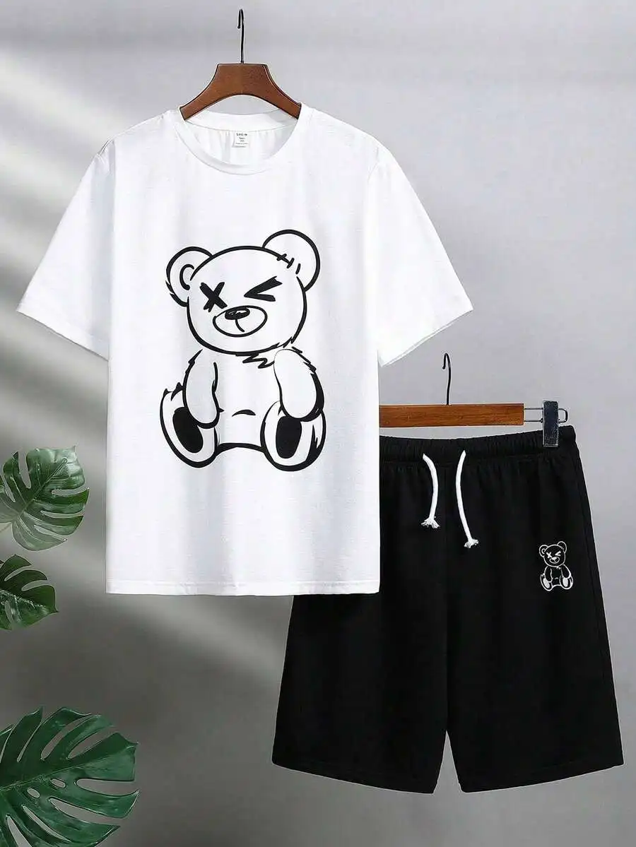 2pcs Men Creative Streetwear Print T-Shirt & Shorts Set Colorful Bear With Money Bags And Cross Pattern Print Casual Wear Soft view 4