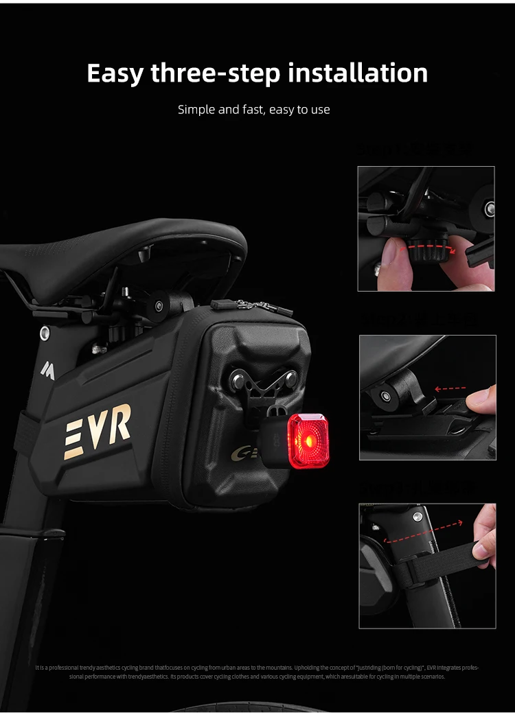 EVR Fahrrad-Hecktasche 1,25L Wasserdichte Satteltasche mit Rücklicht Hartschalen-Mountainbike-Rennrad-Aufbewahrungstasche – Detail 9
