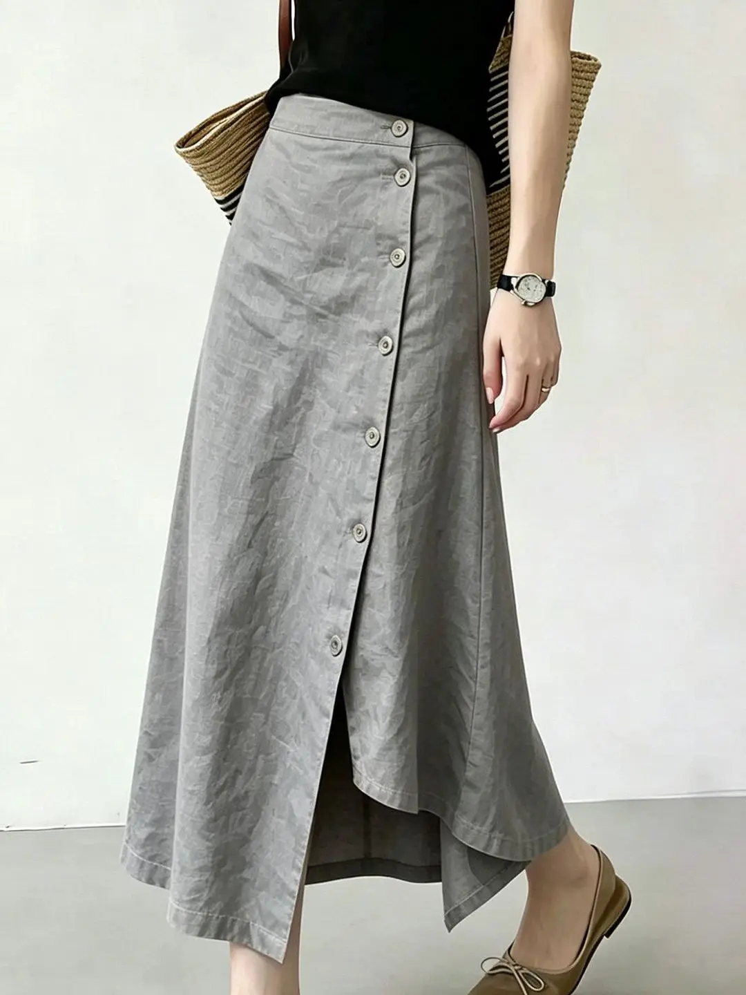 Gray Asymmetric Button Detail Split Mid-Length Women's Skirt Fashionable High Waist Slimming Casual Style Breathable Fabric