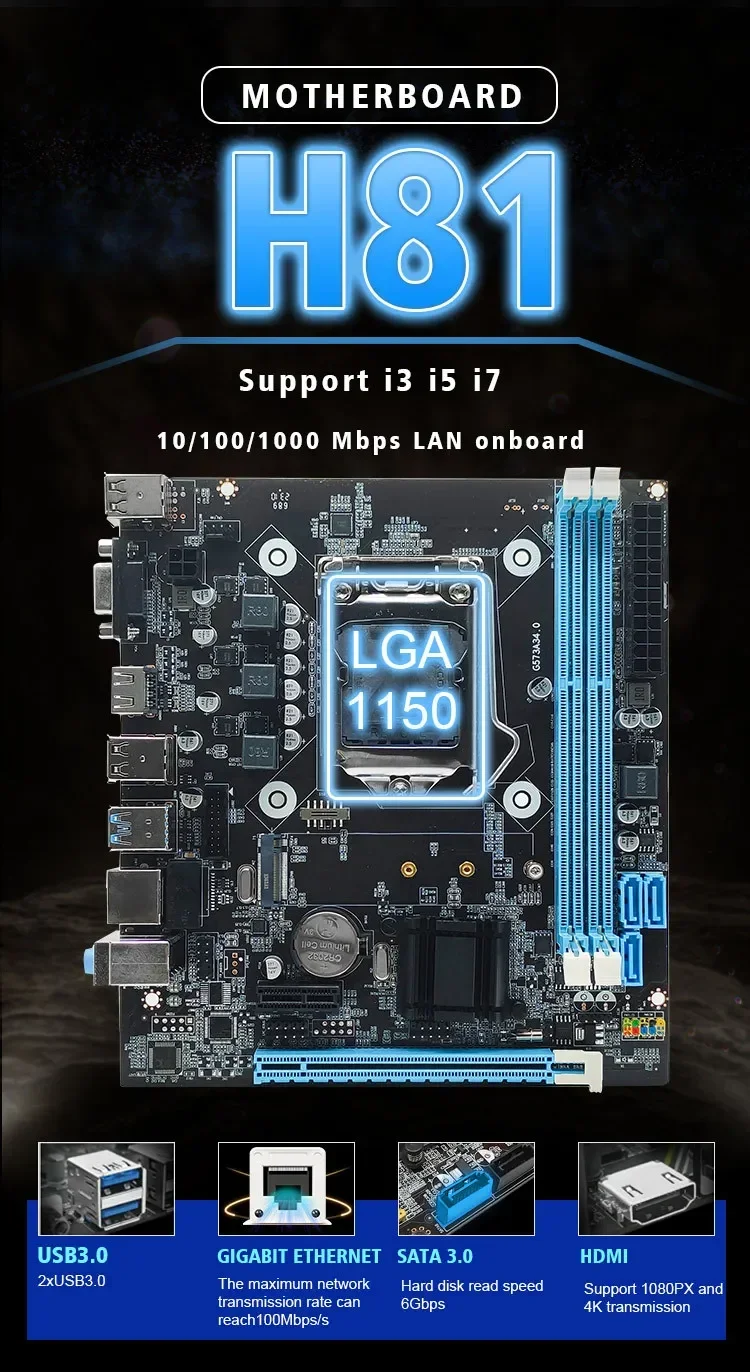 The new H81 computer motherboard with 1150 pins supports fourth generation I3 I5 I7 DDR3 dual channel 16GB