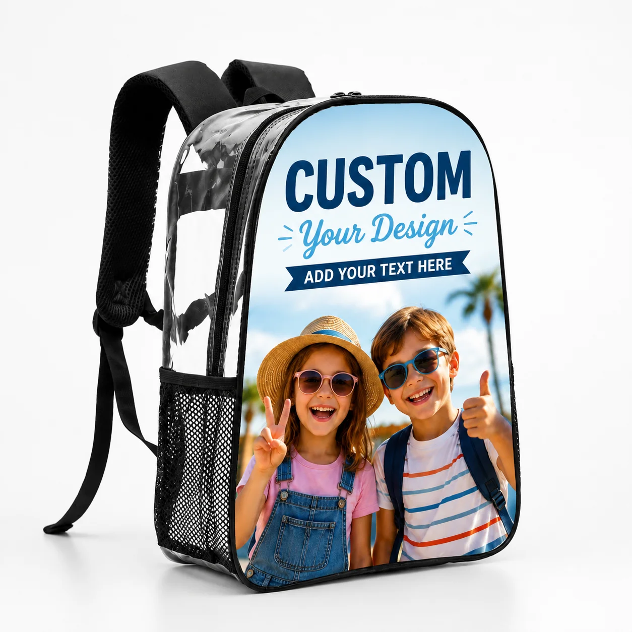 DIY Custom Photo Transparent PVC Backpack Waterproof Stadium Approved Book Bag Mesh Side Pocket Custom Print Travel Shoulder Bag