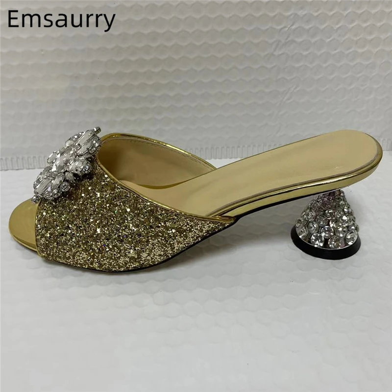 

Bling Sequins Crystal Buckle Decor Sandals Women Unique Rhinestone Diamond Spike Heel Slingbacks Summer Shoes