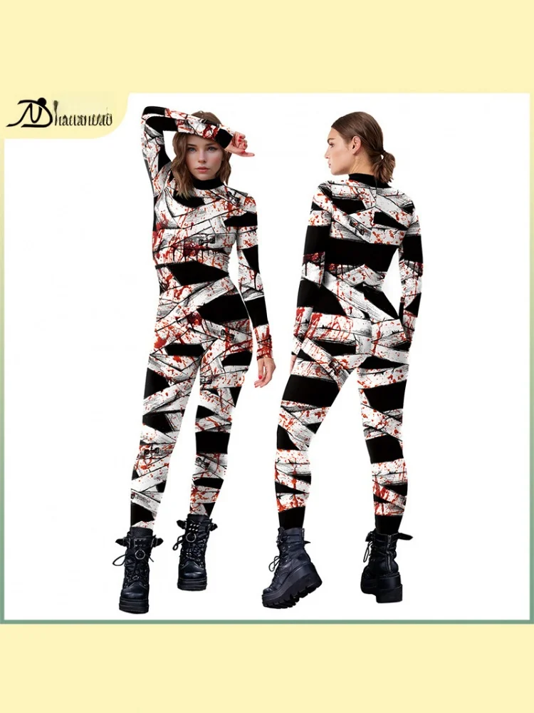loween Bloodstain Stampa digitale Tuta cosplay Tuta da prestazione Costume da terrore Abbigliamento tradizionale da donna in seta di latte monopezzo
