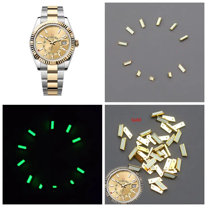 Gold Watch Dial Green Luminous Hour Indices Markers For M336934 M336938 SKY GMT Men's Watch Dial Parts Aftermarket Replacements