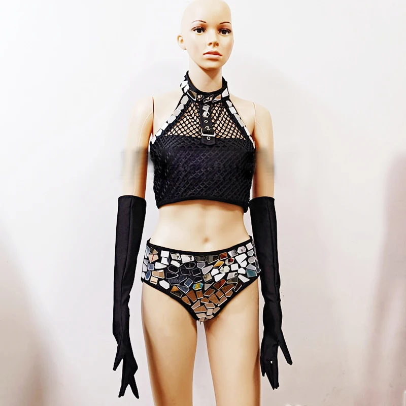 بار ملهى ليلي Dj Ds Gogo زي مثير القطب ملابس الرقص شبكة مرايا السراويل الجاز الملابس عرض مسرحي الهذيان الزي XS10481