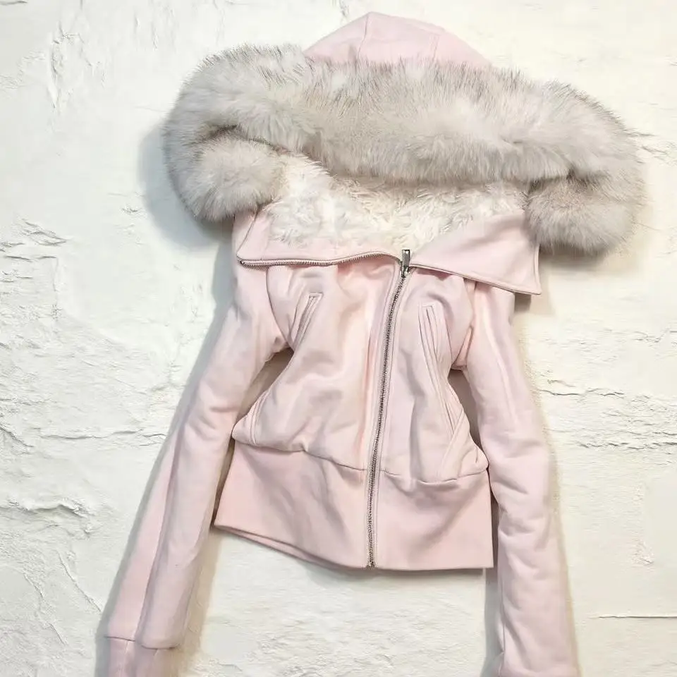 Women's short top American Y2K retro vintage pink and green plush lining autumn and winter fur collar hooded zipper slim jacket