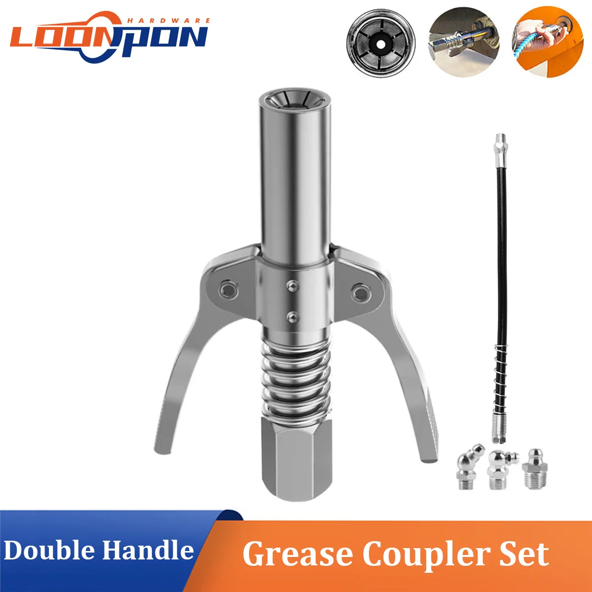 LOONPON Double Handle Grease Coupler Nozzle for Pneumatic Manual Electric Grease Grease Gun NPTI/8 10000PSI Quick Release Grease