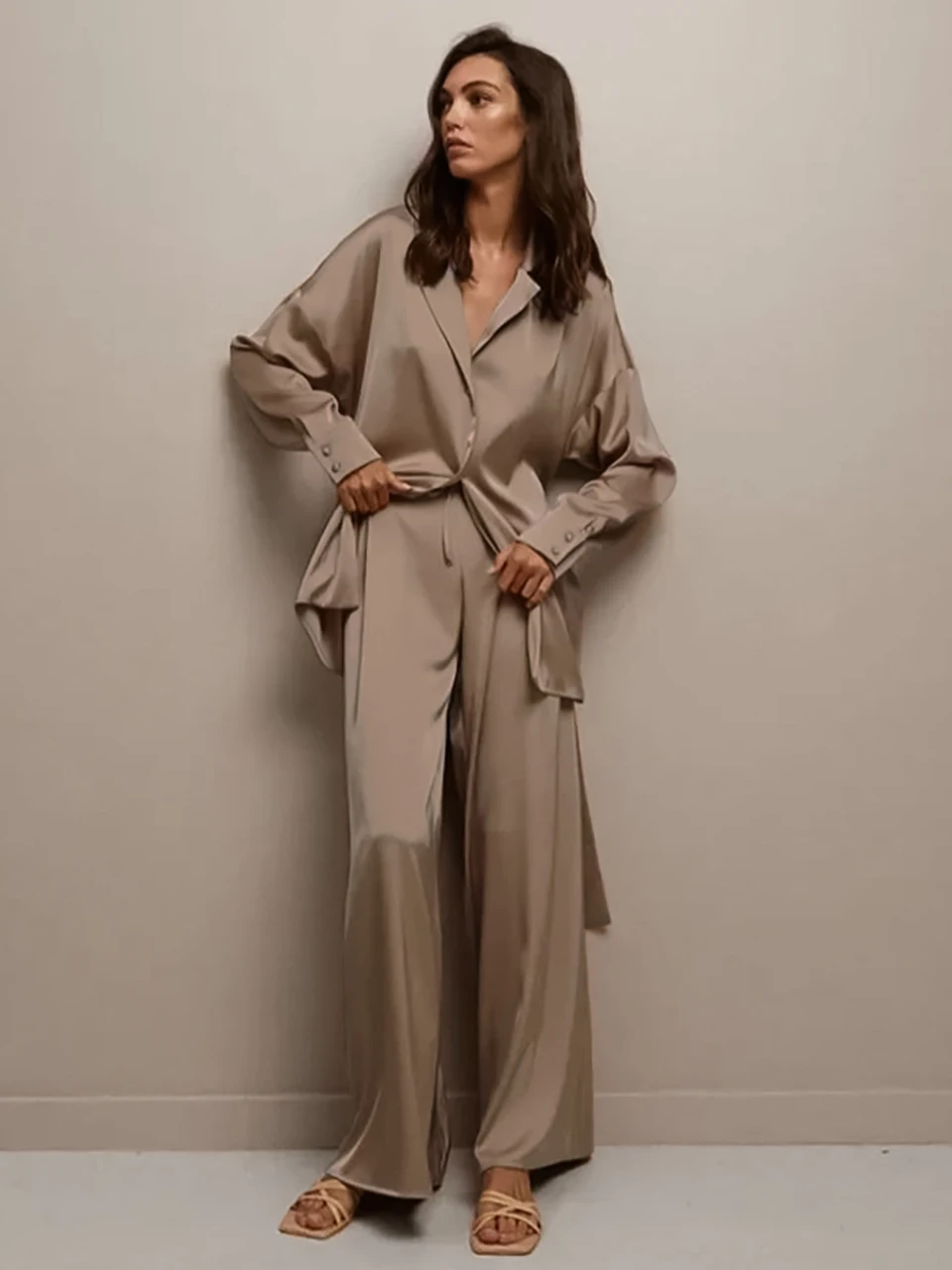 Linad Palazzo Pants Women's Pajamas Set Turn Down Collar Robes With Belt Long Sleeves Sleepwear Pure Color Satin Home Suit 2022