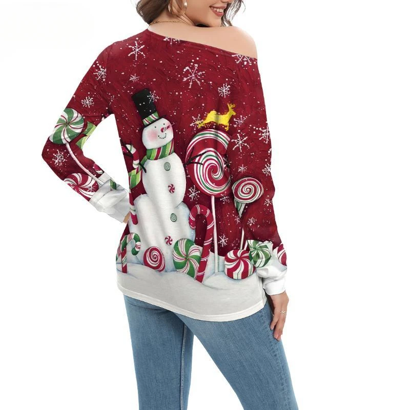 Snowman Print Long Sleeve Christmas T-Shirts for Women Lollipop Off Shoulder Shirt Tops Red Pull On Tees Sexy Female Streetwear