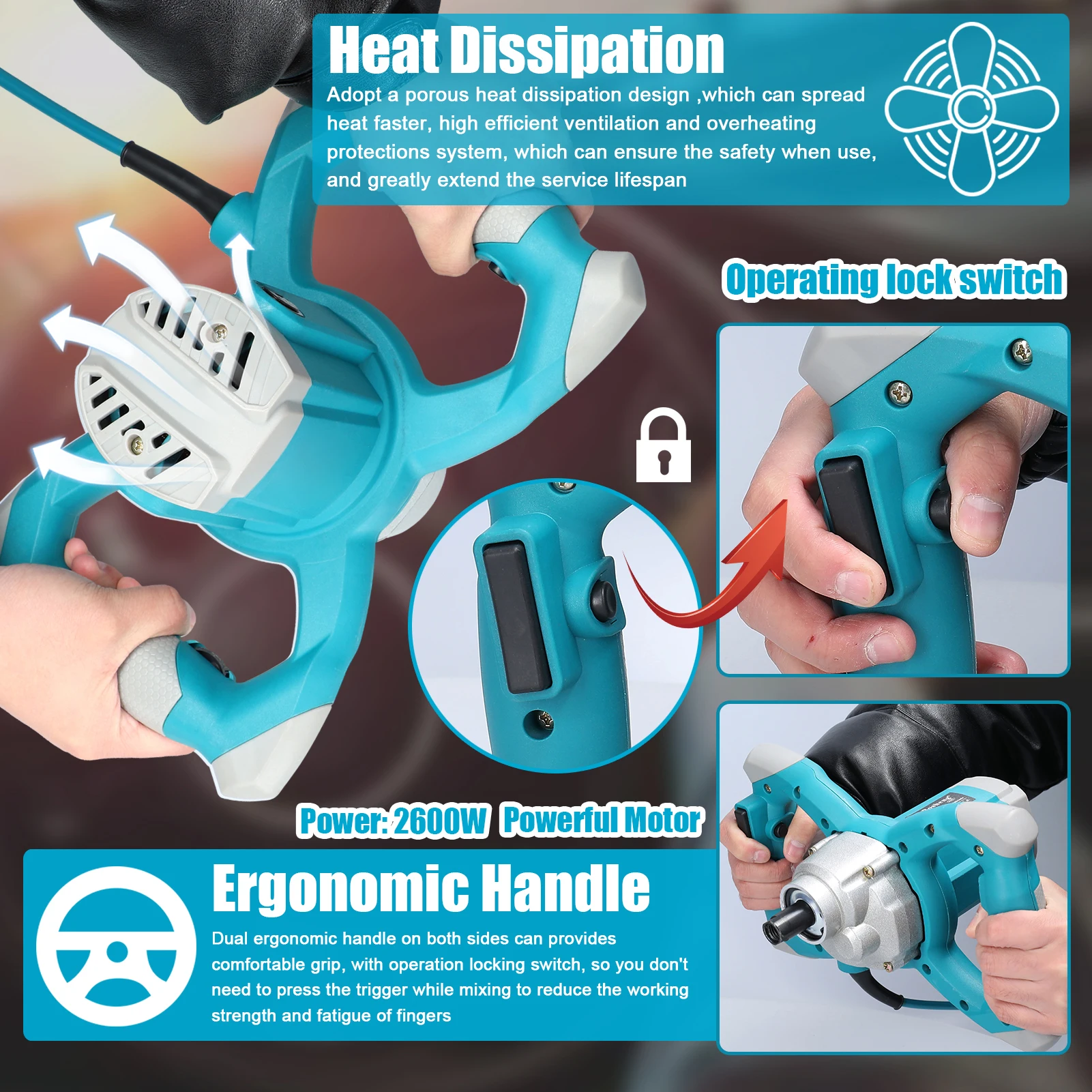 2600 واط خلاط الخرسانة الكهربائية المحمولة يده خلاط الاسمنت الخرساني 6 سرعات قابل للتعديل آلة خلط Thinset هاون الجص #2