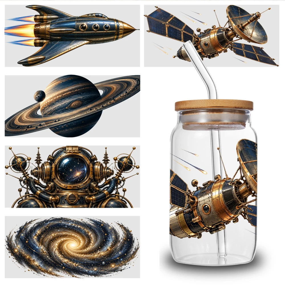 5 Sheets Space Satellite UV DTF Stickers Suitable for 16 oz Glass Transfer Sticker Decal UV DTF Transfer Stickers for Glass Cups