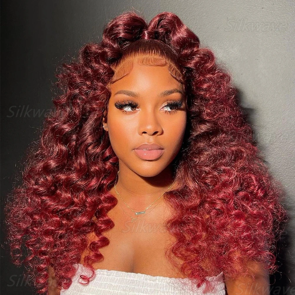 

Water Wave 99j Бордовый 13x4 13x6 HD Прозрачный кружевной полный фронтальный парик Предварительно сорванный цветной глубокий волнистый фронтальный вьющийся парик из человеческих волос
