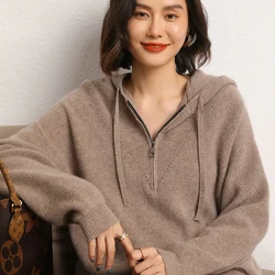 2023 Autumn New Women's 100% Cashmere Sweater Classic Fashion 4 Colors Female Hooded Knitted Pullover Loose Soft Knit Jumper