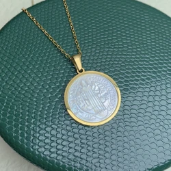 Stainless Steel St. Benedict Medal Necklace Women Natural Mother Of Pearl Shell Round Religious Catholic Pendant Jewelry