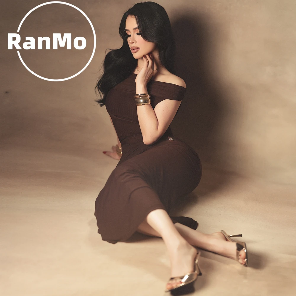Ranmo Elegant Brown Satin Sheath Off Shoulder Evening Gown Dress Tea-Length Pleated Prom Gown شارون سعيد Customized