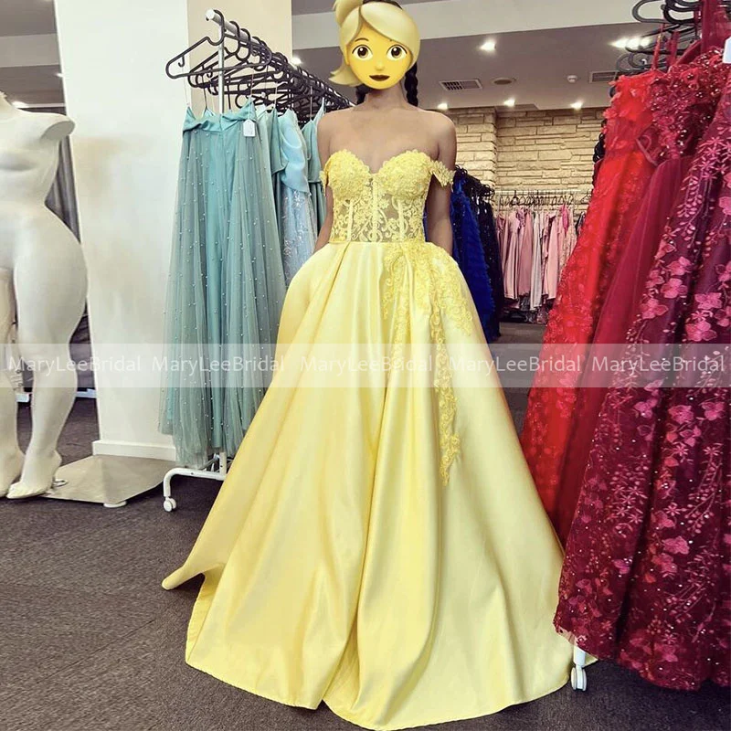 

Embroidery A-line Yellow Prom Dresses with Pocket Off the Shoulder Sweetheart Illusion Bodice Youth Princess Formal Party Gowns