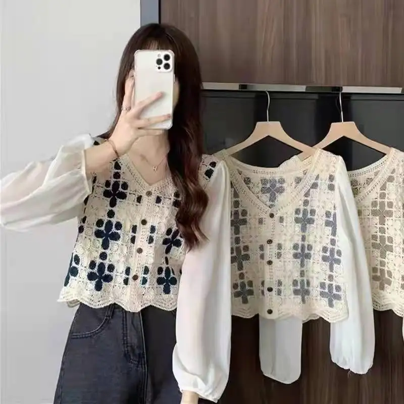 Women\'s Crochet Blouse with Chiffon Sleeve Button Front Crop Tops Spring summer Teen-girl Fairycore Cottagecore Outfit