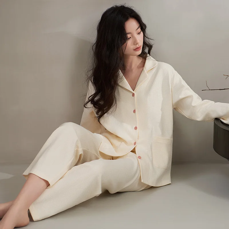 Ensemble de pyjamas à col rabattu pour femmes, manches longues, coton pur trempé, vêtements de nuit pour femmes, vêtements d'intérieur d'automne, services à domicile