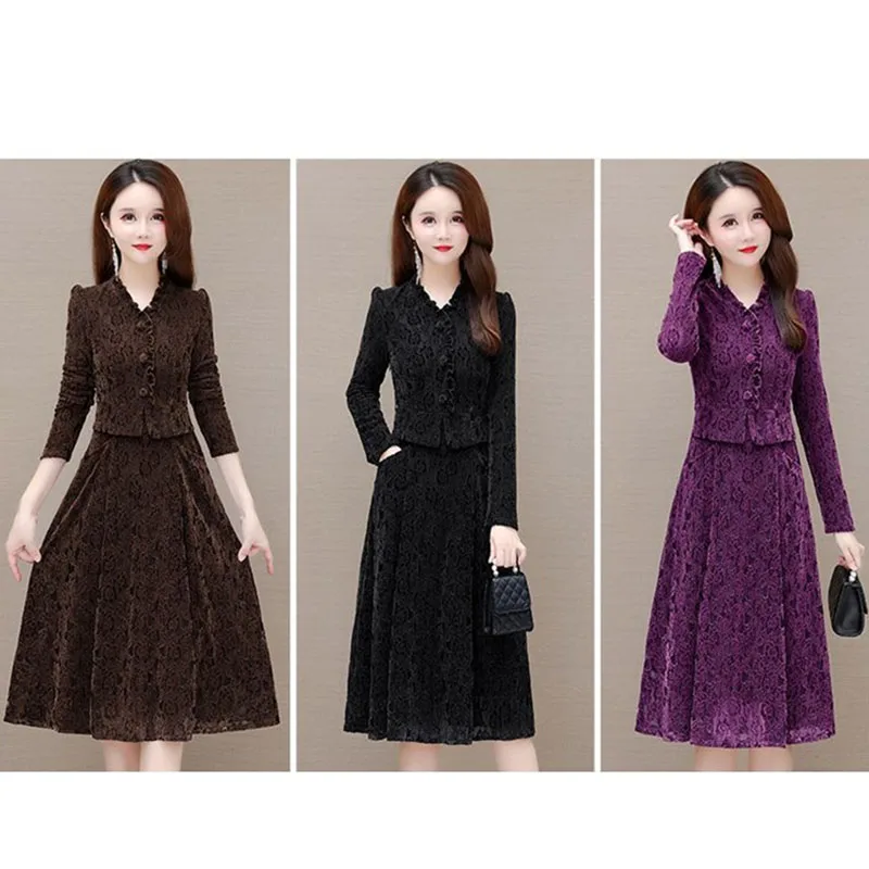 Thickened and Velvet Dress Female 2024 New Spring Autumn And Winter Women\'s Coat Middle aged Mother\'s Long sleeved Dresses Party