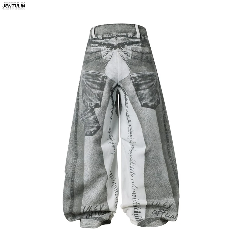 

American Retro Fake Two-Piece Chain Printed Distressed Washed Wide Leg jeans For Men Women Loose Balloon Pants Trendy Brand Pant
