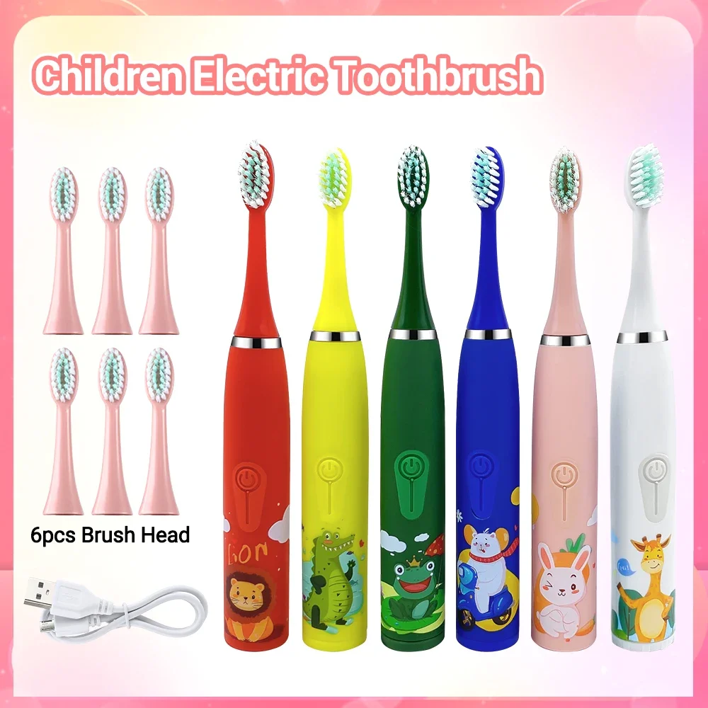 Children\'s Electric Toothbrush Cartoon Boy Girl Kids With Replacement 6 Head Ultrasonic Waterproof Rechargeable Sonic Toothbrush