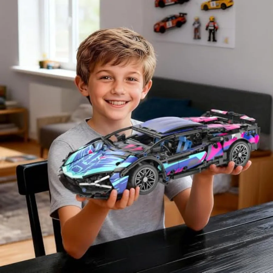 Sports Race Car Building Set For Indoor Display Use, ABS Plastic, Red, Remote Control APP And LED Lights