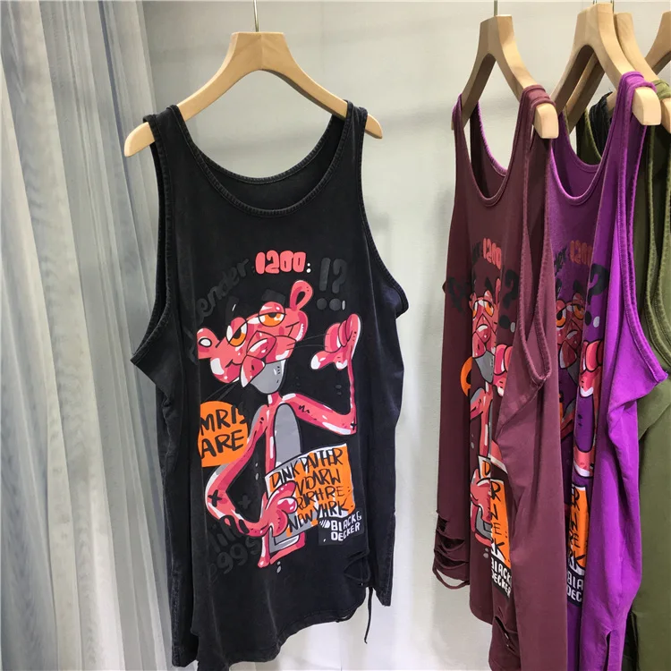 Fashion Printing Women Camisole Cute Age Reduction Pink Leopard Loose Mid-long Sleeveless Top Do Old Hole Streetwear Vest Tops