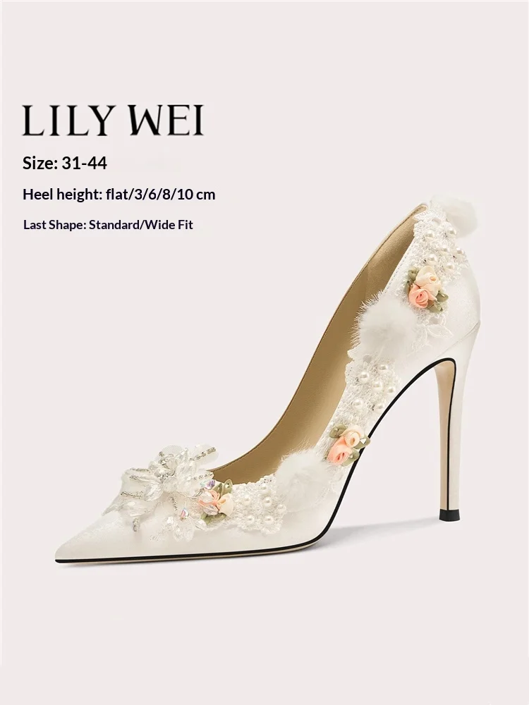 Primavera nuevos zapatos planos de boda de encaje de diamantes de imitación de perlas puntiagudas banquete de gran tamaño tamaño pequeño versión ensanchada zapato de mujer de tacón alto