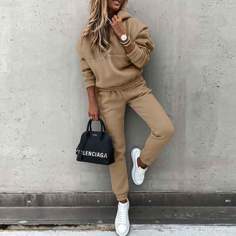 Winter-Trainingsanzug für Damen, zweiteiliges Set – übergroßer Kapuzen-Jogginghose, einfarbiger Sportanzug | Lässiges Sweatshirt-Hosen-Set – Detail 7