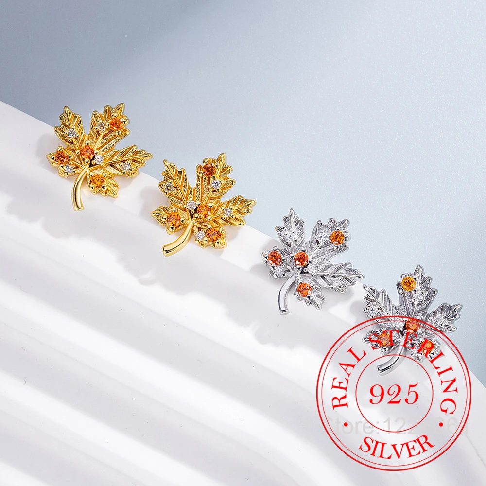 925 Sterling Silver Jewelry Luxury Crystal Maple Leaf Stud Earrings for Women Wedding Party Jewelery For Girls Friends Gift