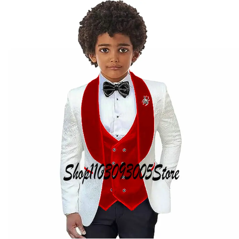 Burgundy Velvet Boys 3 Piece Suit Kids Wedding Tuxedo White Floral Jacket Pants Vest Formal Customized 3-16 Years Old Clothes